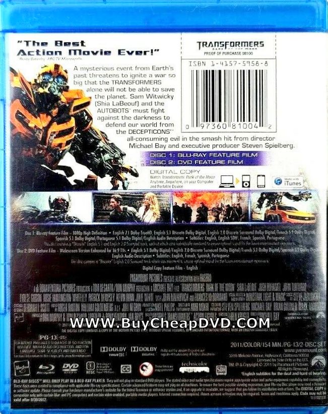 Transformers: Dark of the Moon Blu-ray +DVD + Digital Copy (3-Disc Set) (Free Shipping)