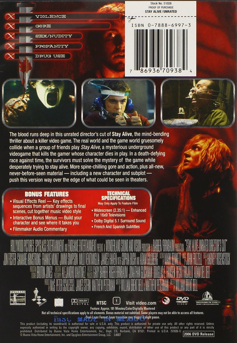 Stay Alive DVD (Director's Cut / Unrated) (Free Shipping)