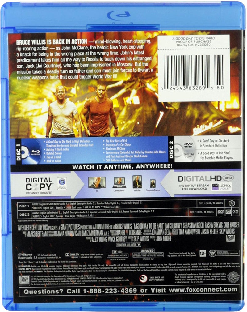 A Good Day To Die Hard Extended Cut Blu-ray + DVD + Digital HD (2-Disc Set) (Free Shipping)