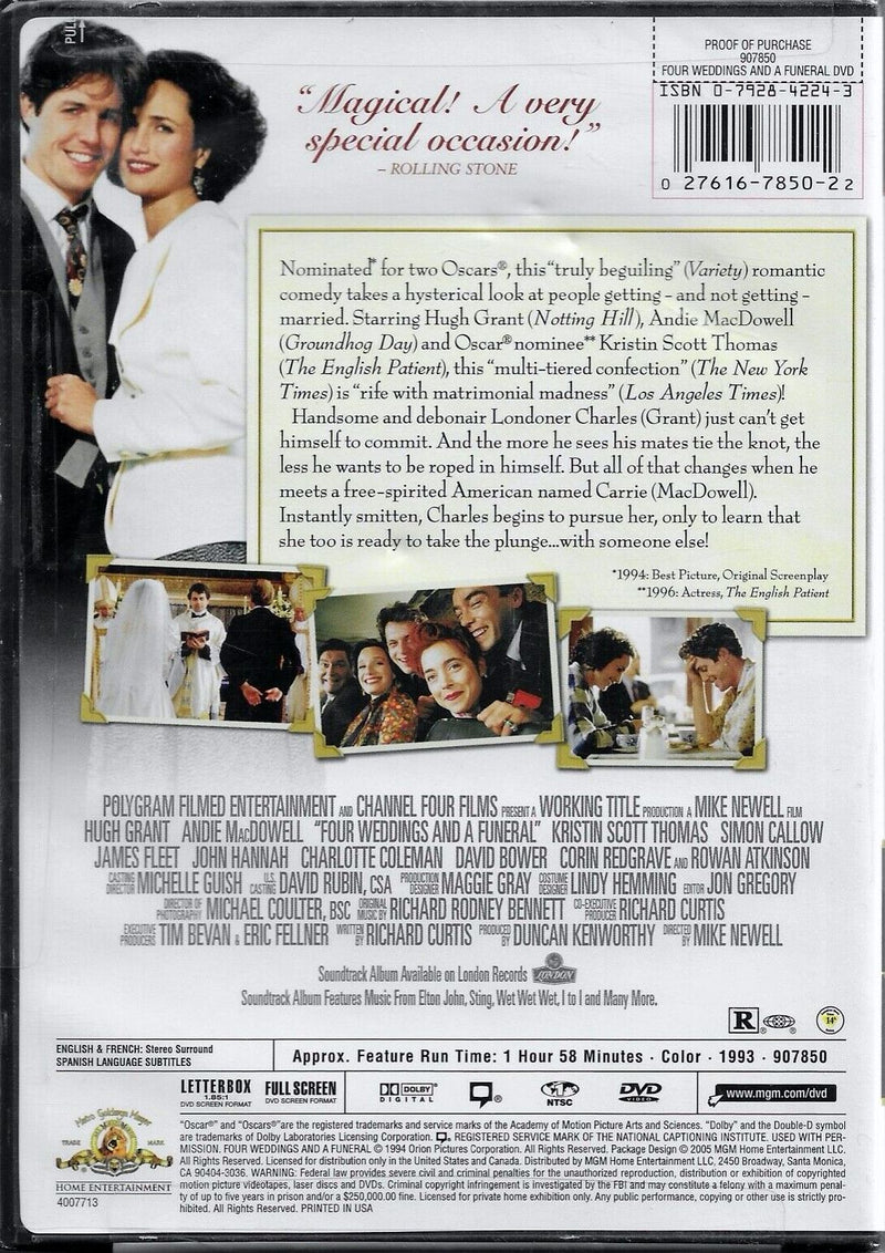 Four Weddings And A Funeral DVD (Free Shipping)