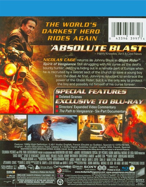 Ghost Rider: Spirit Of Vengeance Blu-Ray (Free Shipping)