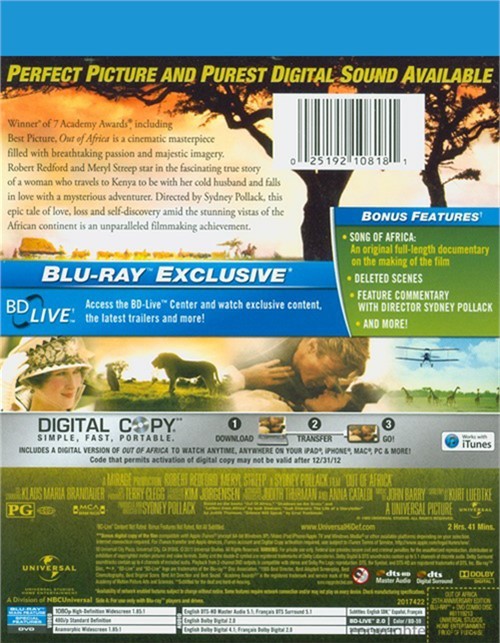 Out of Africa Blu-ray + DVD + Digital Copy (Free Shipping)