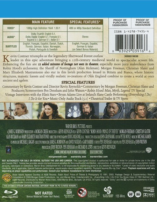 Robin Hood: Prince Of Thieves - Extended Version Blu-Ray (Free Shipping)