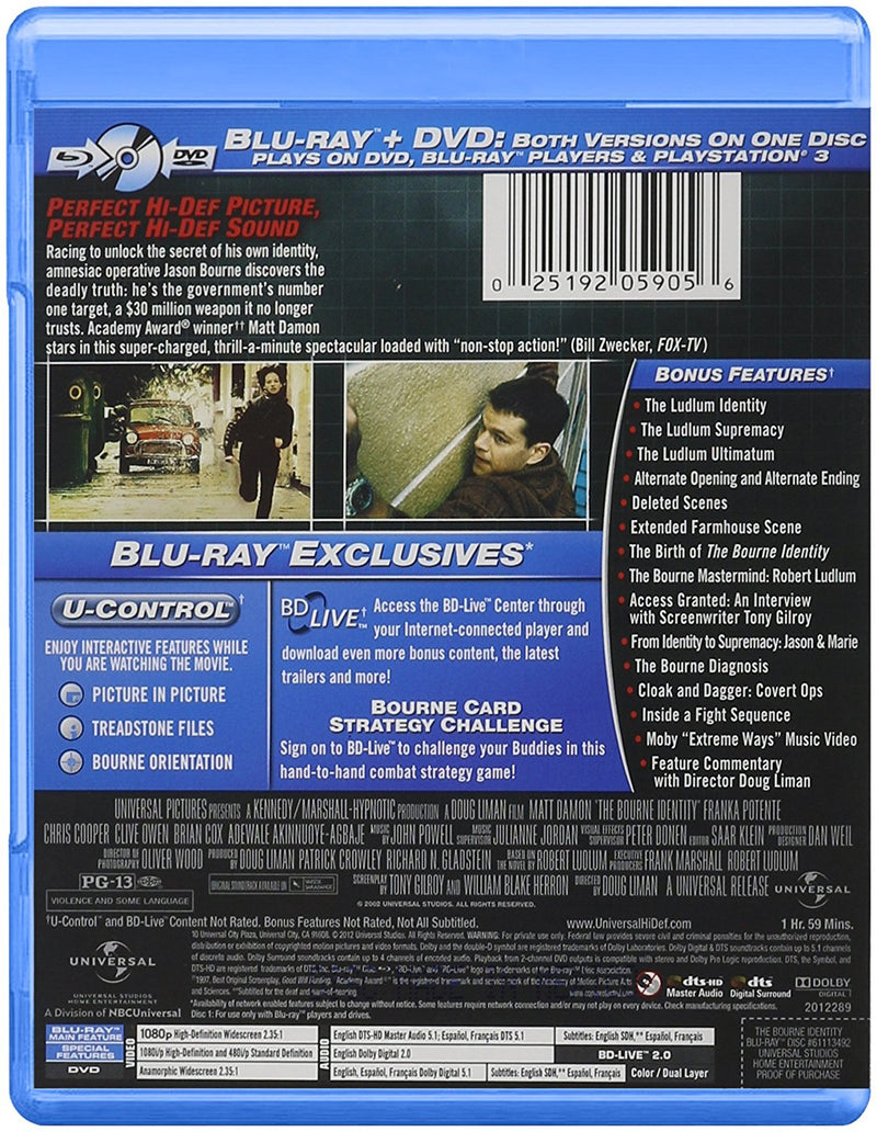 The Bourne Identity Blu-Ray + DVD (2-Disc Set) (Free Shipping)