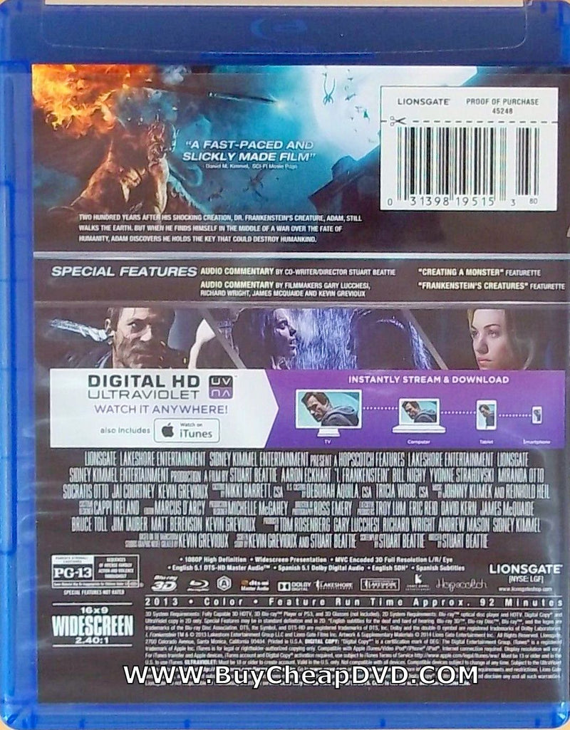I, Frankenstein Blu-ray 3D & 2D + DVD + Digital Copy 2-Disc (Free Shipping)
