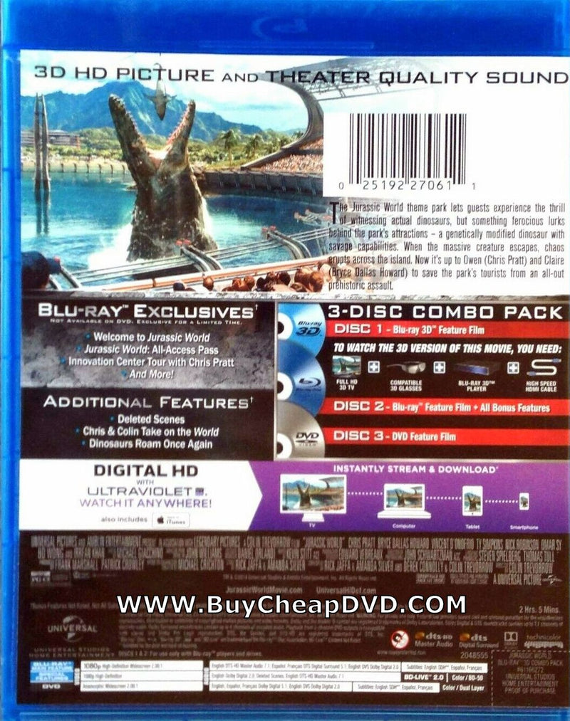 Jurassic World 3D Blu-ray + DVD + Digital Copy 3-Disc (Free Shipping)